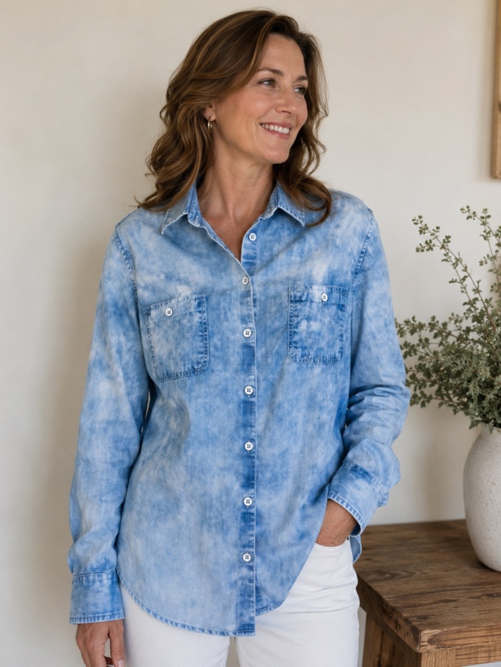 Foxcroft Womens Size 14 Blue Tencel Lyocell Button Front Shirt Cloud Wash